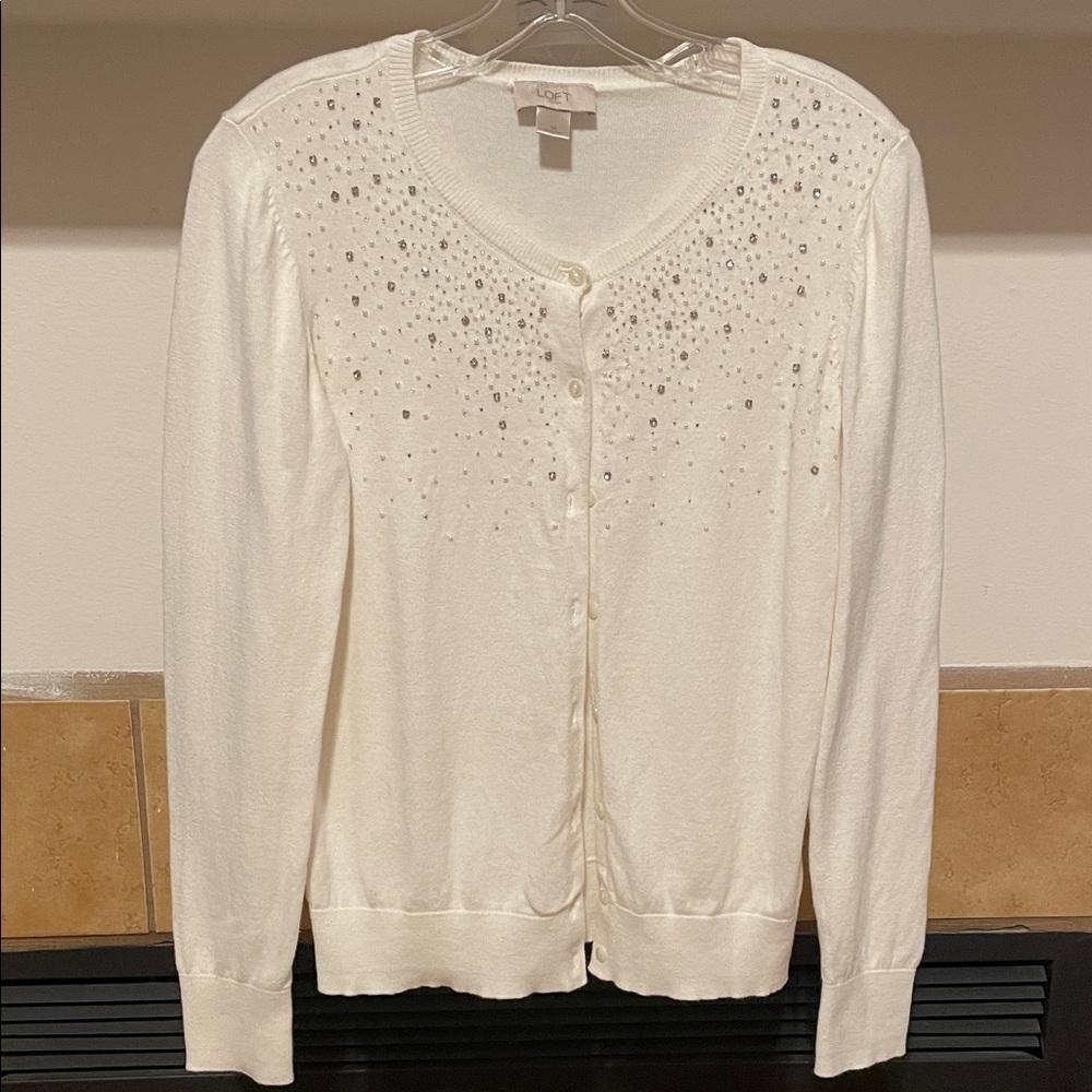 LOFT White Long Sleeve Cardigan with Sparkling Details (size M)